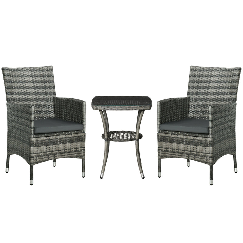 3 PCs Rattan Garden Bistro Set with Cushions Patio Weave Companion Chair Table Set Conservatory, Light Grey