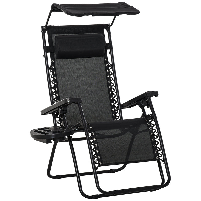 Zero Gravity Garden Deck Folding Chair Patio Sun Lounger Reclining Seat with Cup Holder & Canopy Shade - Black
