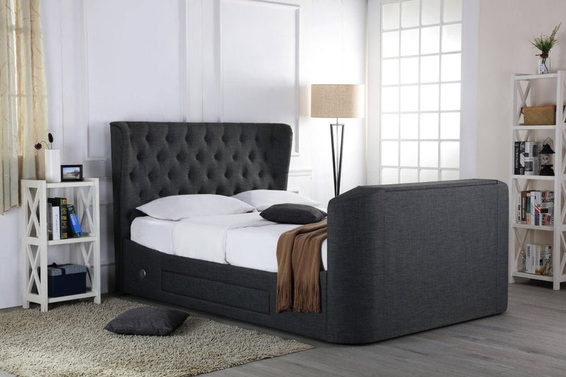 Avebury Tv Fabric Bed With Deep Buttoned Wing Sided Headboard Grey - Super King - Bedzy Limited Cheap affordable beds united kingdom england bedroom furniture