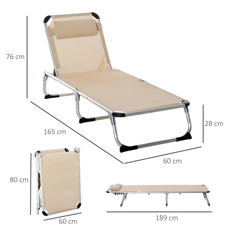 Foldable Reclining Sun Lounger Lounge Chair Camping Bed Cot with Pillow 5-Level Adjustable Back Aluminium Frame Khaki