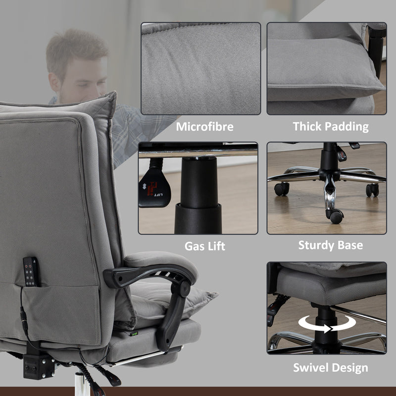 Vibration Massage Office Chair with Heat, Microfibre Computer Chair with Footrest, Armrest, Double Padding, Reclining Back, Grey