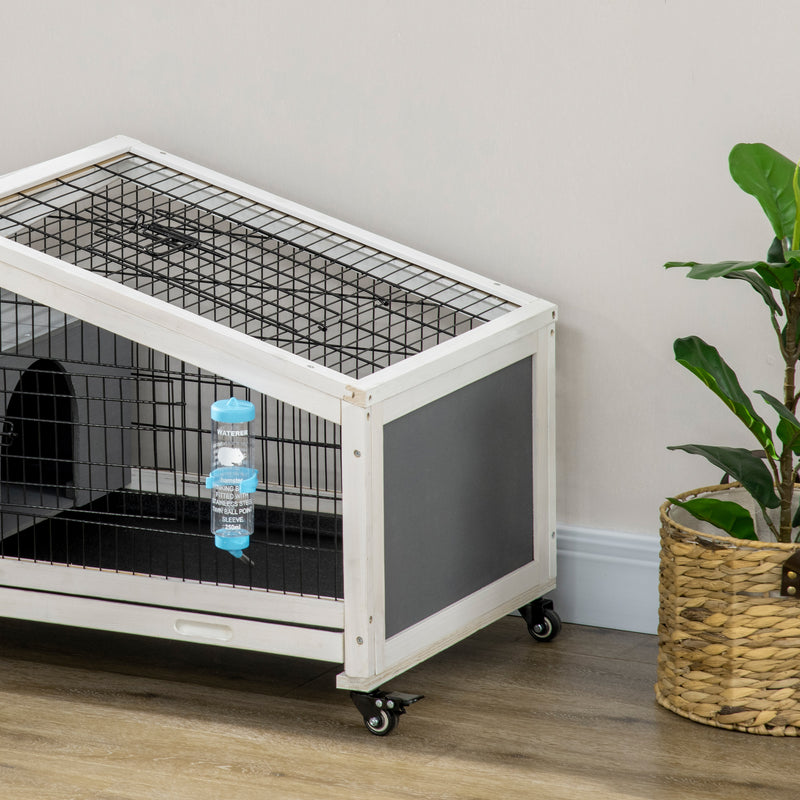 Rabbit Hutch with Water Bottle, Guinea Pig Cage with Wheels, Bunny Run with Plastic Slide-out Tray, Small Animal House for Indoor, Dark Grey