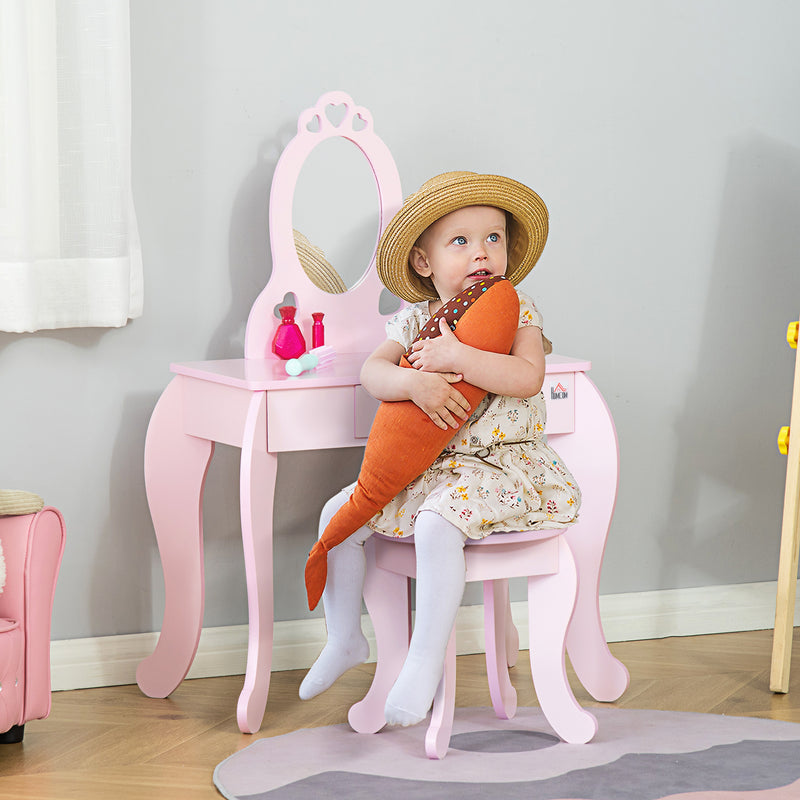 Kids Vanity Table & Stool Girls Dressing Set Make Up Desk Chair Dresser Play Set with Mirror Pink