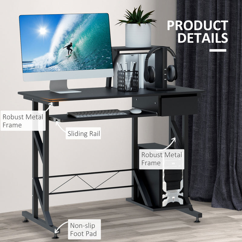 Computer PC Desk Table with Display Stand, Sliding Keyboard Tray Drawer and Host Box Shelf Home Office Workstation Gaming Black