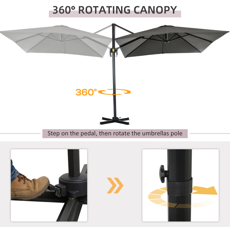 2.5 x 2.5m Patio Offset Parasol Cantilever Umbrella Sun Shade Canopy Shelter 360° Rotation with Crank Handle and Cross Base, Grey
