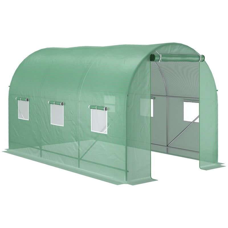 3.5 x 2 x 2 m Polytunnel Greenhouse, Walk in Pollytunnel Tent with Steel Frame, PE Cover, Roll Up Door and 6 Windows, Green