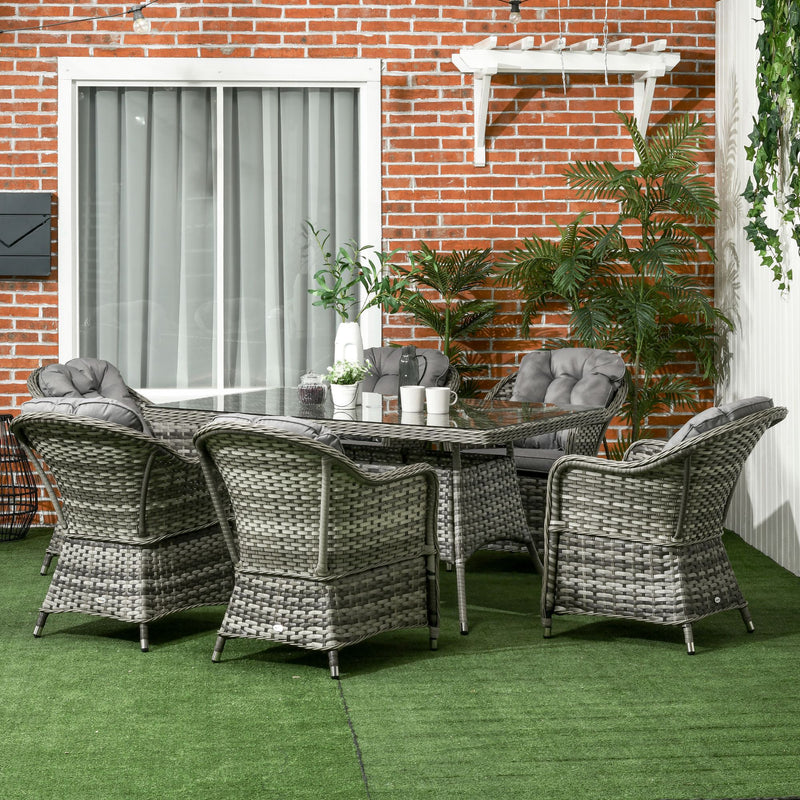 7 Pieces PE Rattan Dining Set Furniture Patio Wicker Furniture with Tempered Glass Table Top, Umbrella Hole and Cushions, Grey