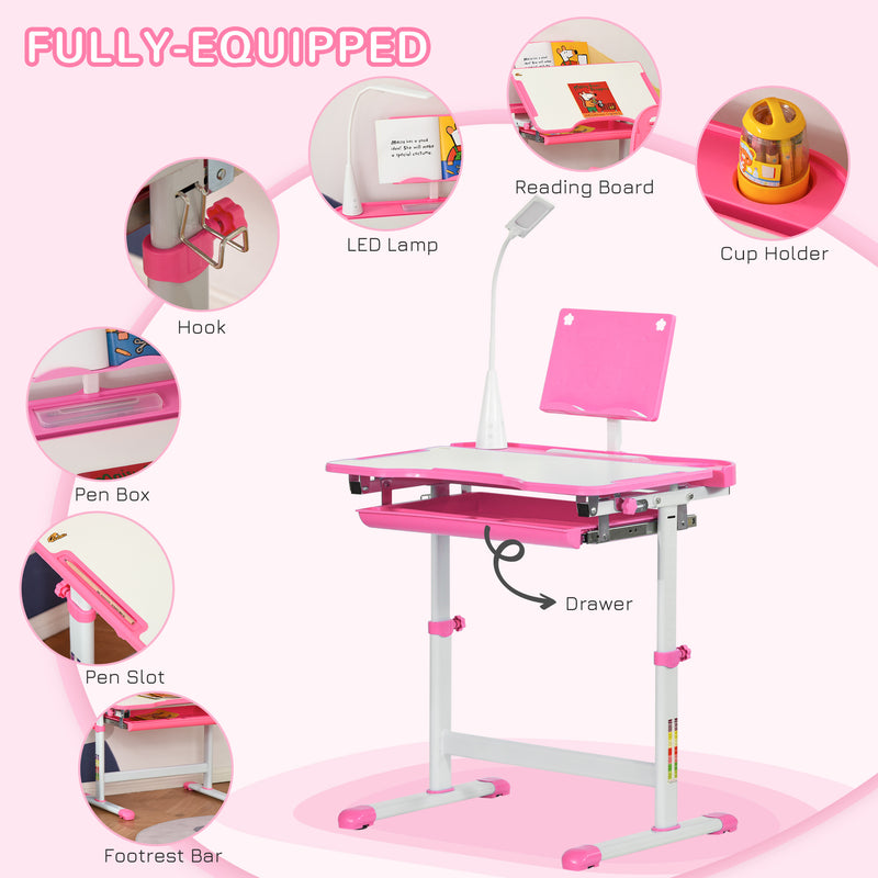 Kids Desk and Chair Set, Height Adjustable Study Desk with USB Lamp, Storage Drawer for Study, Pink and White