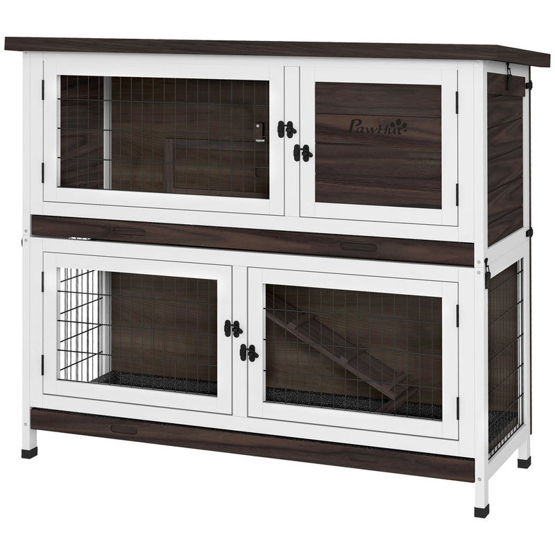 2 Tiers Rabbit Cage Outdoor Guinea Pig Hutch with Sliding Trays, Asphalt Roof, No Screws Installation, for 1-2 Rabbits