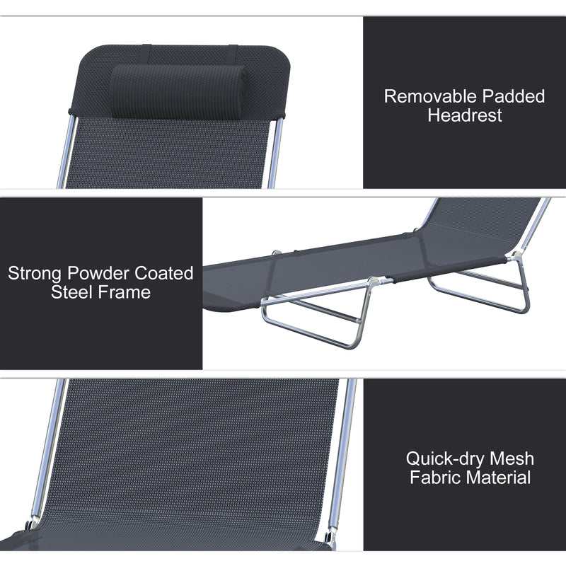 Sun Bed Chair Garden Lounger Outdoor Patio Chaise Portable Recliner Adjustable Back Relaxer Chair Furniture Light Black
