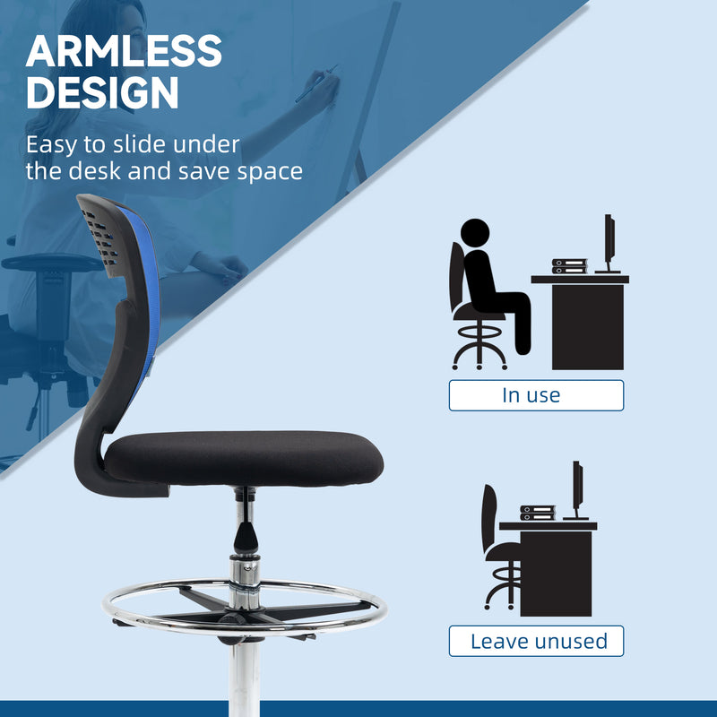 Drafting Chair, Swivel Office Draughtsman Chair, Mesh Standing Desk Chair with Lumbar Support, Adjustable Foot Ring, Armless, Dark Blue