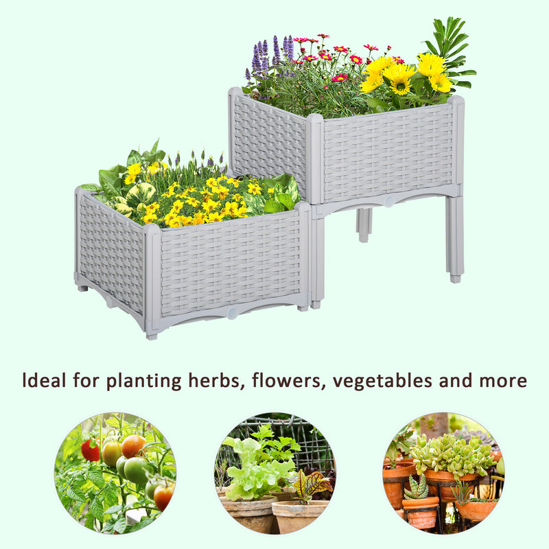 40cm x 40cm x 44cm Set of 2 Garden Raised Bed Elevated Patio Flower Plant Planter Box PP Vegetables Planting Container, Grey