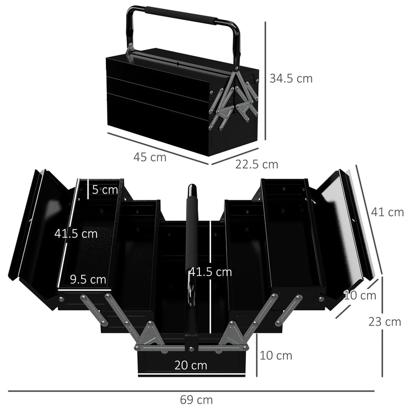 3 Tier Metal Toolbox, 5 Tray Professional Portable Tool Box with Carry Handle for Workshop, 45cmx22.5cmx34.5cm, Black