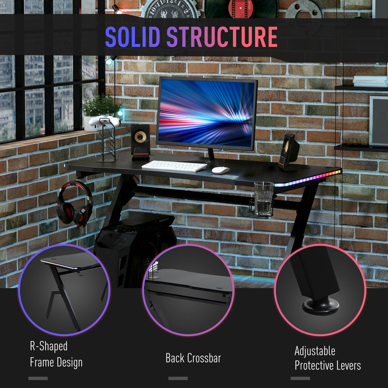 Gaming Desk Racing Style Home Office Ergonomic Computer Table Workstation with RGB LED Lights, Black