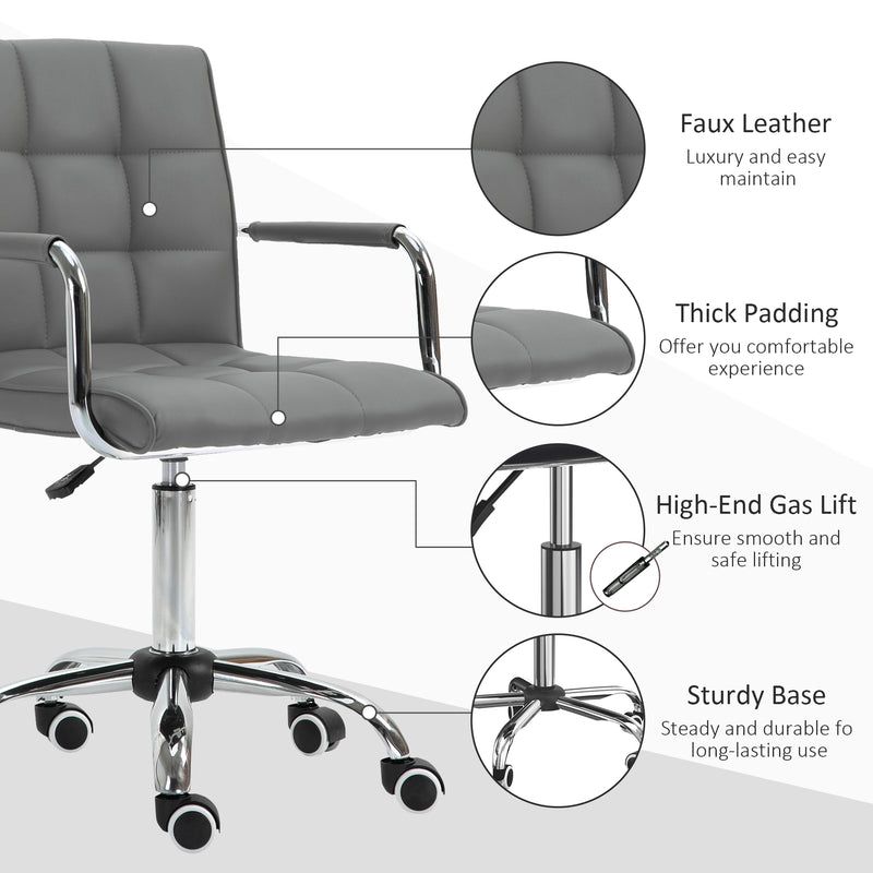 Mid Back PU Leather Home Office Desk Chair Swivel Computer Chair with Arm, Wheels, Adjustable Height, Grey