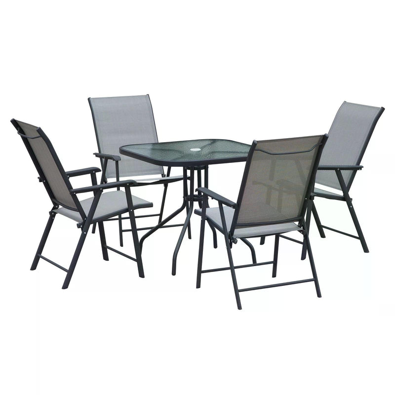 5pcs Classic Outdoor Dining Set Steel Frames w/ 4 Folding Chairs Glass Top Table Texteline Seats Parasol Hole Garden Dining Black Grey