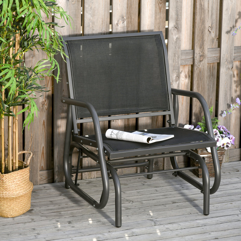 Outdoor Gliding Swing Chair Garden Seat w/ Mesh Seat Curved Back Steel Frame Armrests Comfortable Lounge Furniture Dark Grey Black