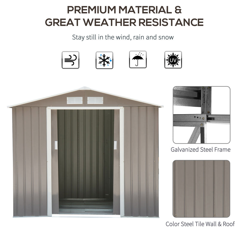 7ft x 4ft Lockable Garden Metal Storage Shed Storage Roofed Tool Metal Shed w/ Air Vents Steel Grey
