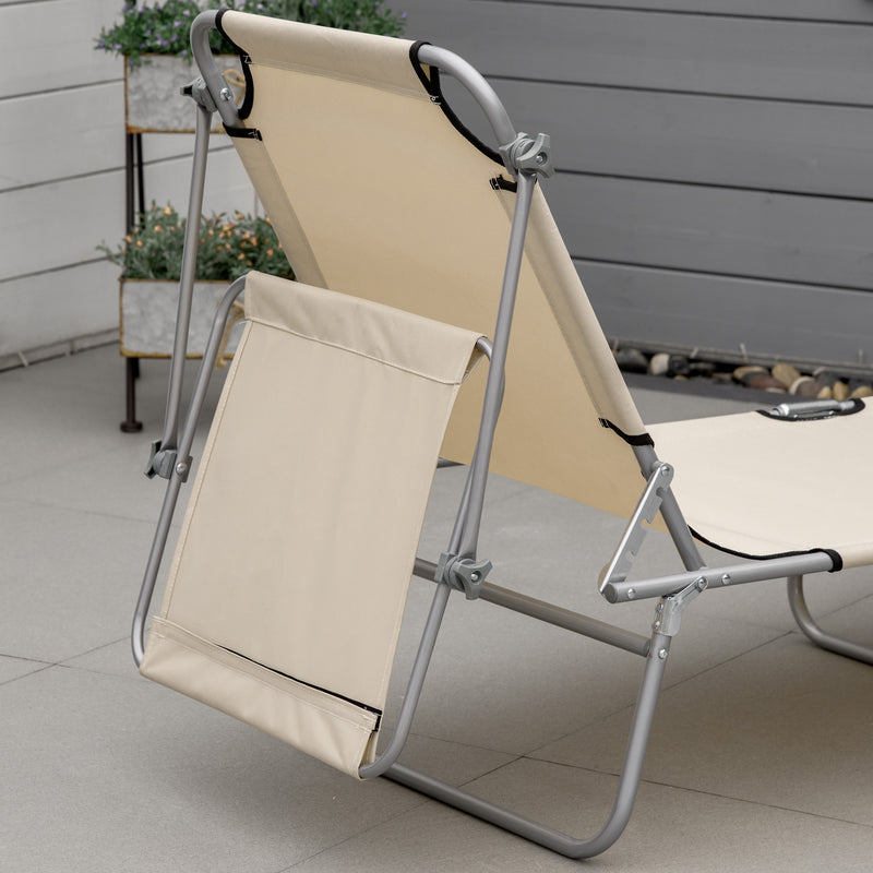2 Pieces Outdoor Foldable Sun Lounger Set with Removeable Shade Canopy, Patio Recliner Sun Lounger with Adjustable Backrest with Mesh Fabric, Beige