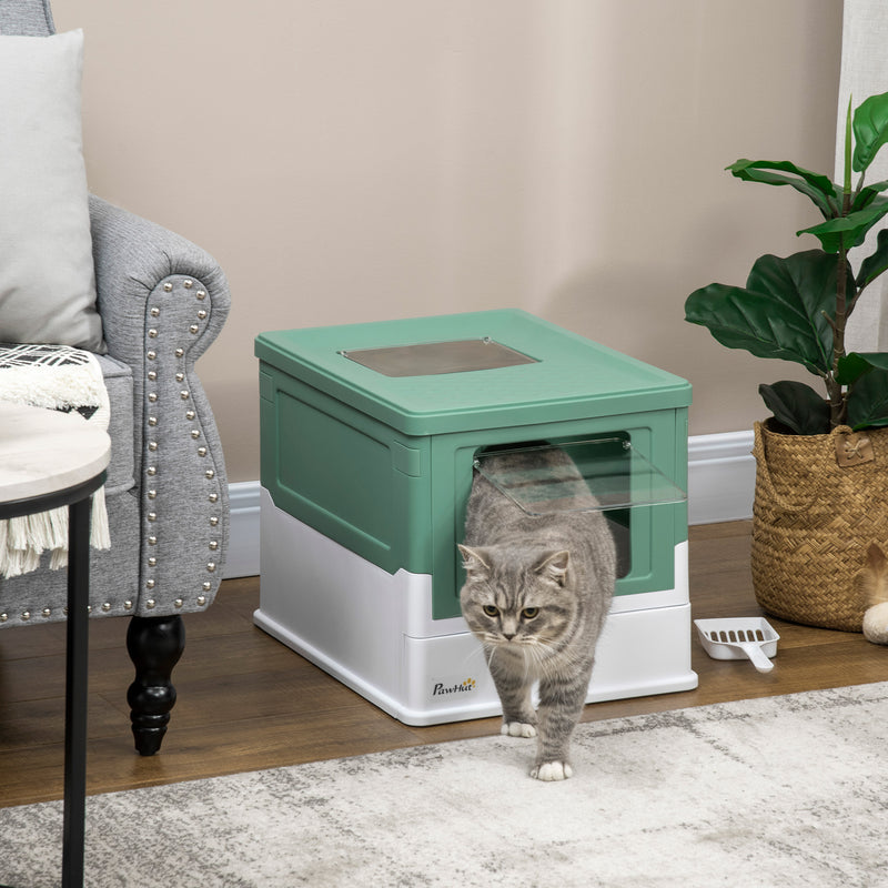 Hooded Cat Litter Box Scoop Included, Litter Tray with Front Entry Top Exit, Portable Pet Toilet with Large Space, 47.5 x 35.5 x 36.7 cm Green