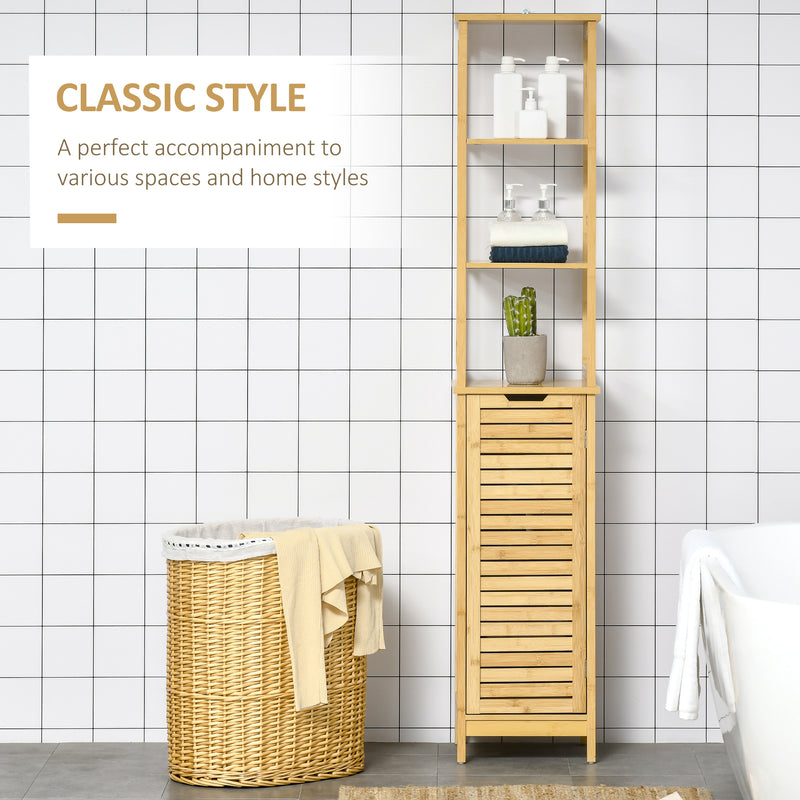Bathroom Floor Cabinet with 3 Shelves and Cupboard, Slim and Freestanding Organiser, Tallboy with Storage, Natural
