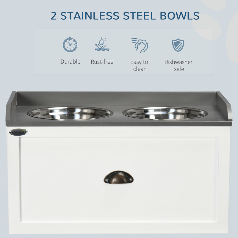 Stainless Steel Raised Dog Bowls with 21L Storage Drawer for Large Dogs and Cats - White