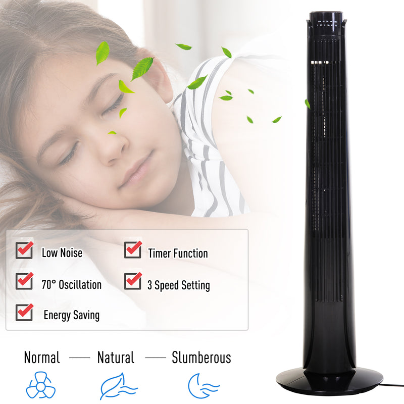 36" Tower Fan Oscillating 3 Speeds w/ Remote Control Timer Moving Head Quiet Operation Home Office Bedroom Black - 92H cm