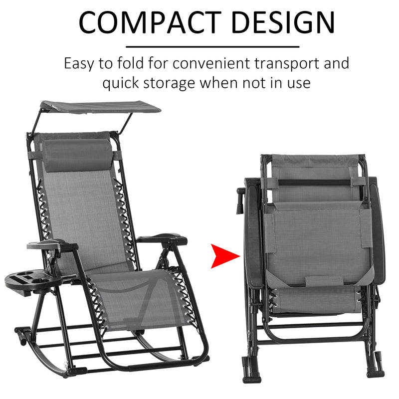 Garden Rocking Chair Folding Recliner Outdoor Adjustable Sun Lounger Rocker Zero-Gravity Seat with Headrest Side Holder Patio Deck - Grey