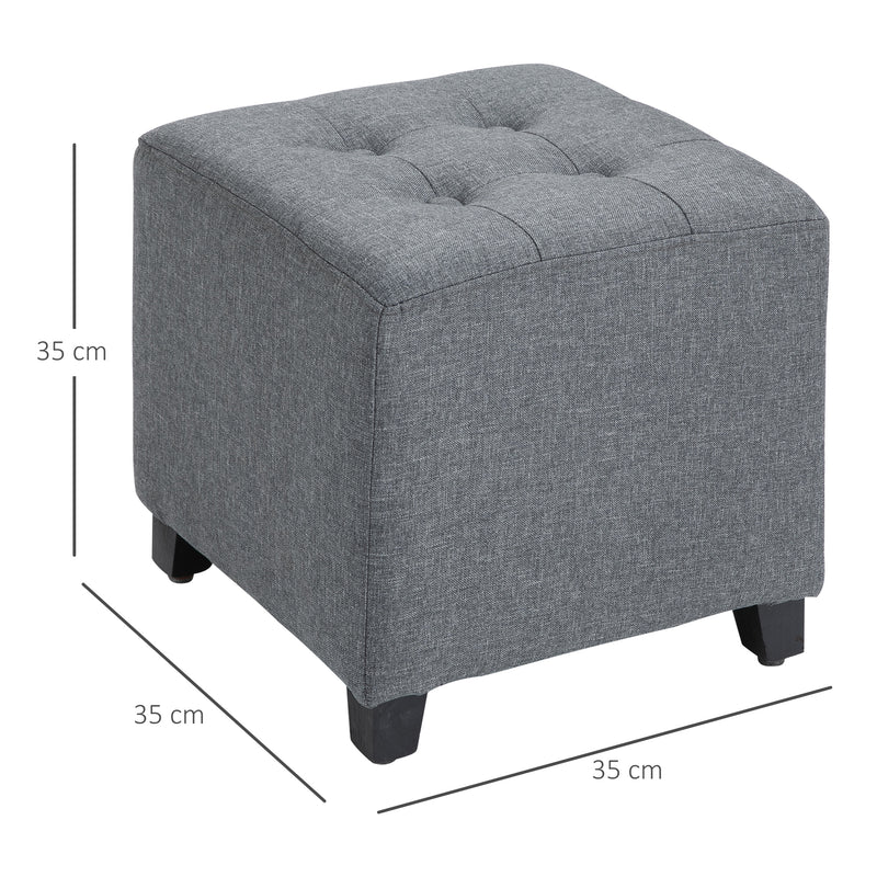 Linen-Look Square Ottoman Footstool w/ Button Tufts Wood Frame Padding Fabric Upholstered Stylish Home Furniture Footrest Side Table Grey