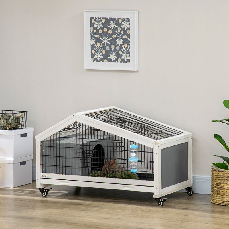 Rabbit Hutch with Water Bottle, Guinea Pig Cage with Wheels, Bunny Run with Plastic Slide-out Tray, Small Animal House for Indoor, Dark Grey