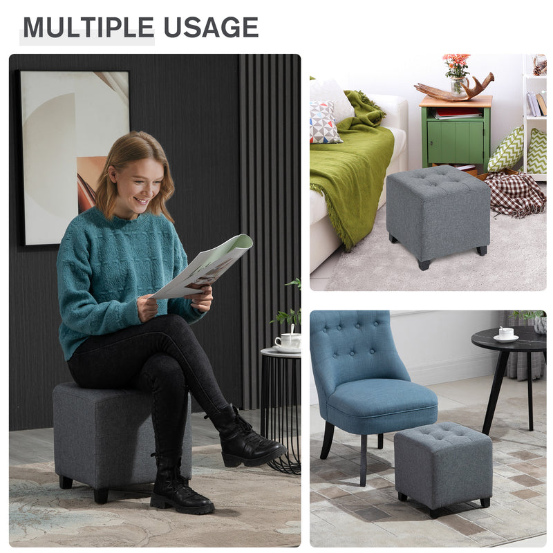 Linen-Look Square Ottoman Footstool w/ Button Tufts Wood Frame Padding Fabric Upholstered Stylish Home Furniture Footrest Side Table Grey