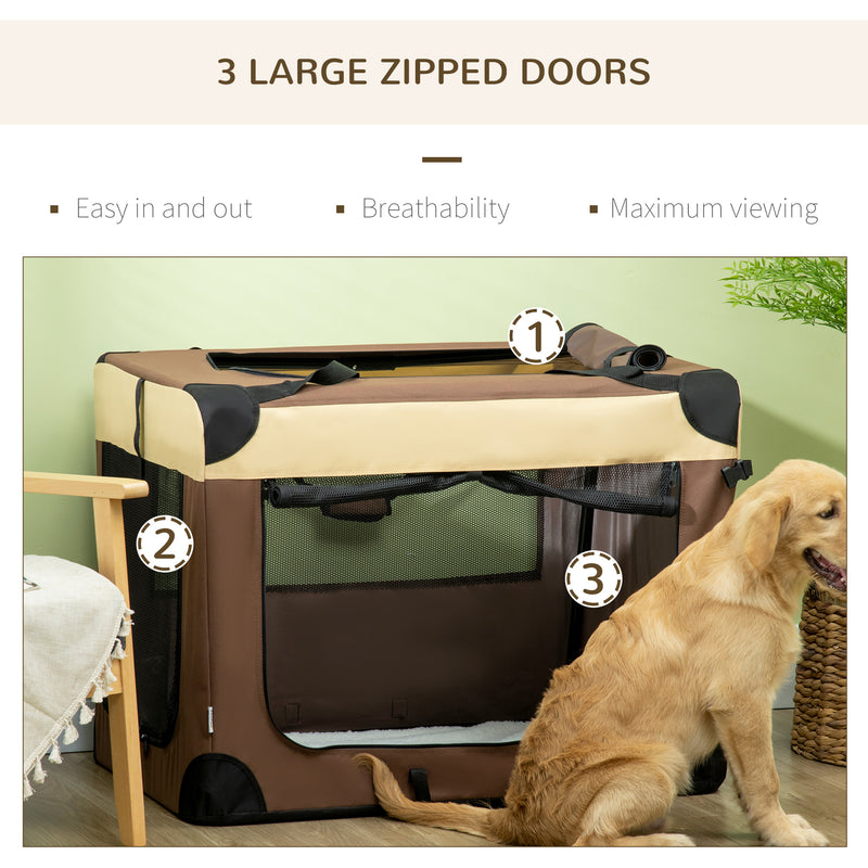 91cm Foldable Pet Carrier, with Cushion, for Medium Dogs and Cats - Brown