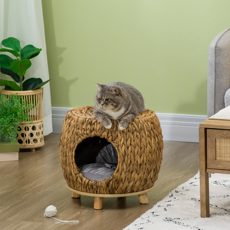 Wicker Cat Cave/House Stool with Soft Washable Cushion,Rattan Kitten Bed for Outdoor & Indoor Use， 44 x 43 x 41cm