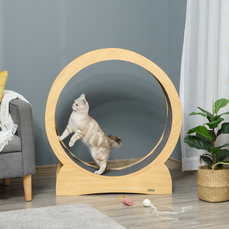 Cat Treadmill, Wooden Cat Exercise Wheel with Carpeted Runway, Cat Running Wheel w/Brake, Cat Tree for Physical Activity, Natural Wood Finish