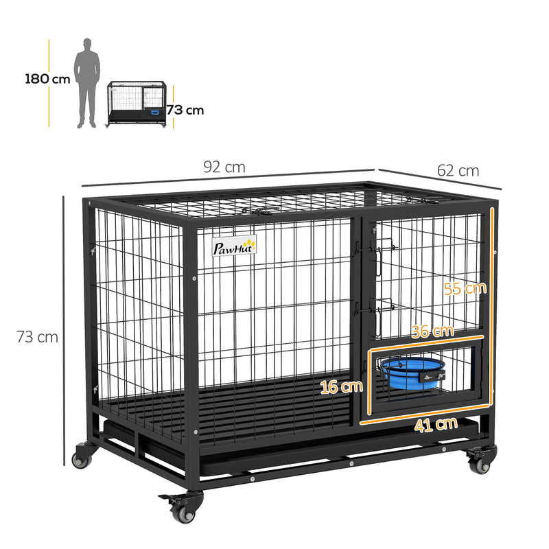 Heavy Duty Dog Crate on Wheels w/ Bowl Holder, Removable Tray, Detachable Top, Double Doors for L, XL Dogs