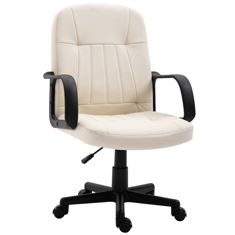 Swivel Executive Office Chair Home Office Mid Back PU Leather Computer Desk Chair for Adults with Arm, Wheels, Cream