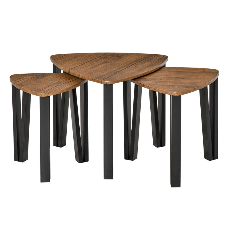 3 PCs MDF Steel Nesting Table Coffee Table Set Multifunctional End Side Table Living Room Furniture Walnut Wood Grain