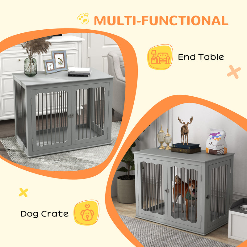 Dog Crate End Table w/ Three Doors, Furniture Style Dog Crate, for Big Dogs, Indoor Use w/ Locks and Latches - Grey