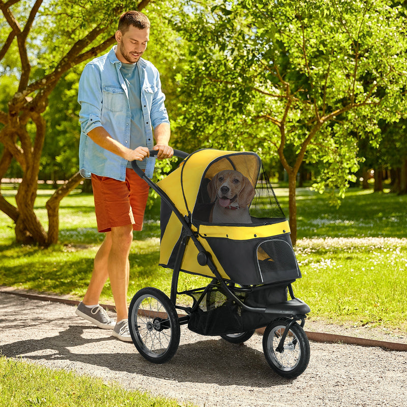Pet Stroller Jogger for Medium, Small Dogs, Foldable Cat Pram Dog Pushchair w/ Adjustable Canopy, 3 Big Wheels - Yellow