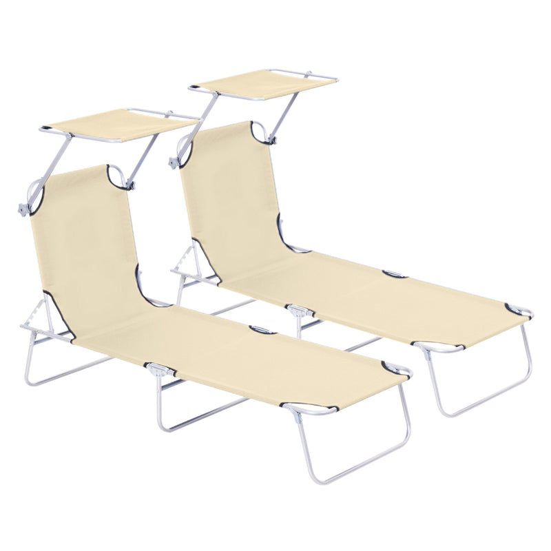 2 Pieces Outdoor Foldable Sun Lounger Set with Removeable Shade Canopy, Patio Recliner Sun Lounger with Adjustable Backrest with Mesh Fabric, Beige
