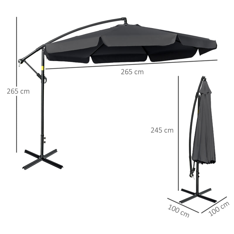 2.7m Banana Parasol Cantilever Umbrella with Crank Handle and Cross Base for Outdoor, Hanging Sun Shade, Black
