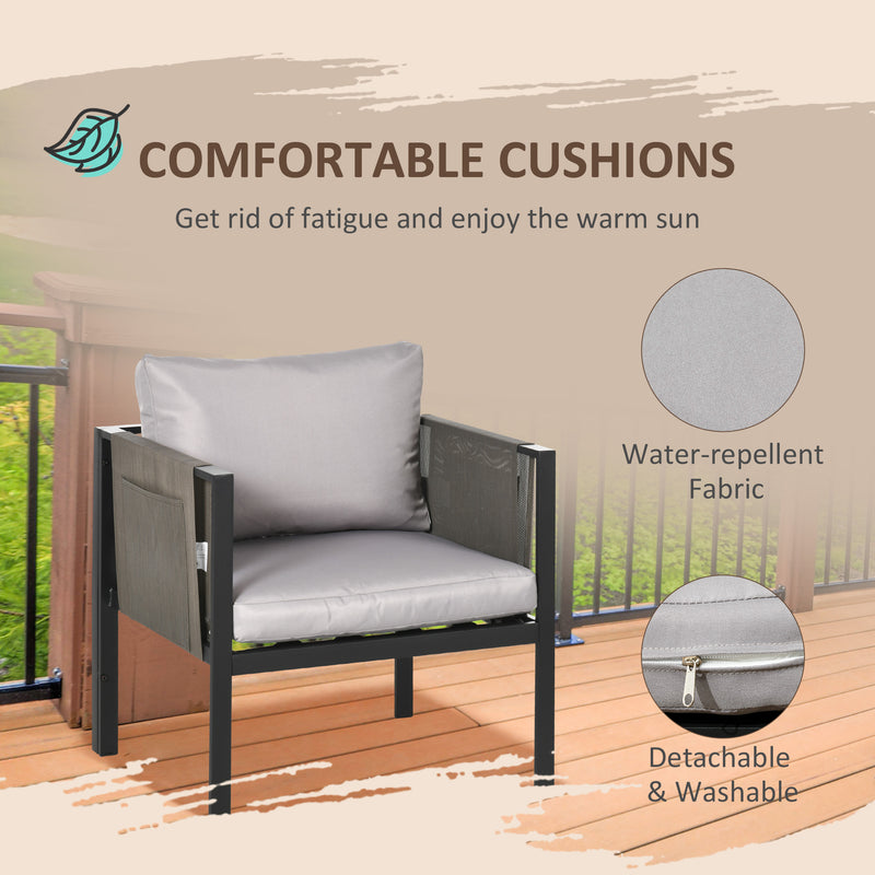 4 Piece Metal Garden Furniture Set with Tempered Glass Coffee Table, Patio Set Loveseat, Single Armchairs with Padded Cushions, Light Grey