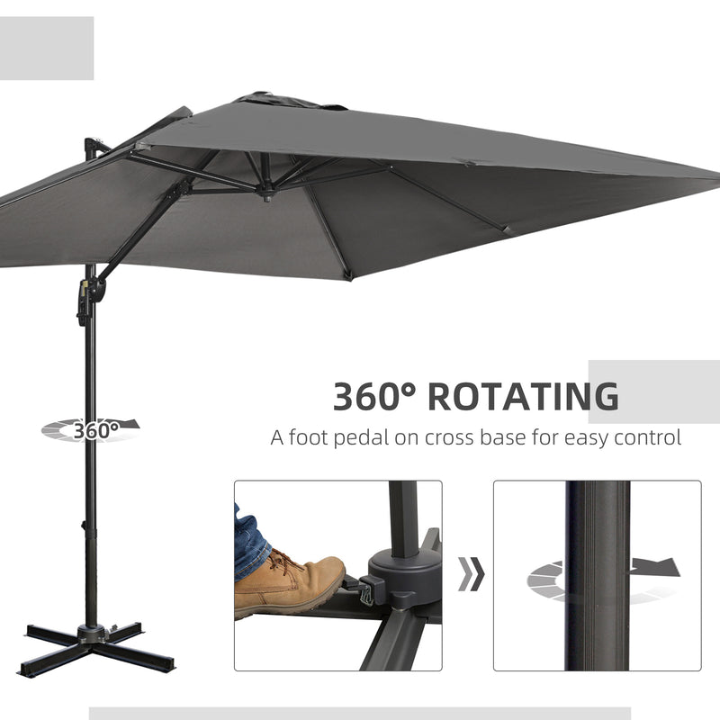 2.7 x 2.7 m Cantilever Parasol, Square Overhanging Umbrella with Cross Base, Crank Handle, Tilt, 360° Rotation and Aluminium Frame, Dark Grey