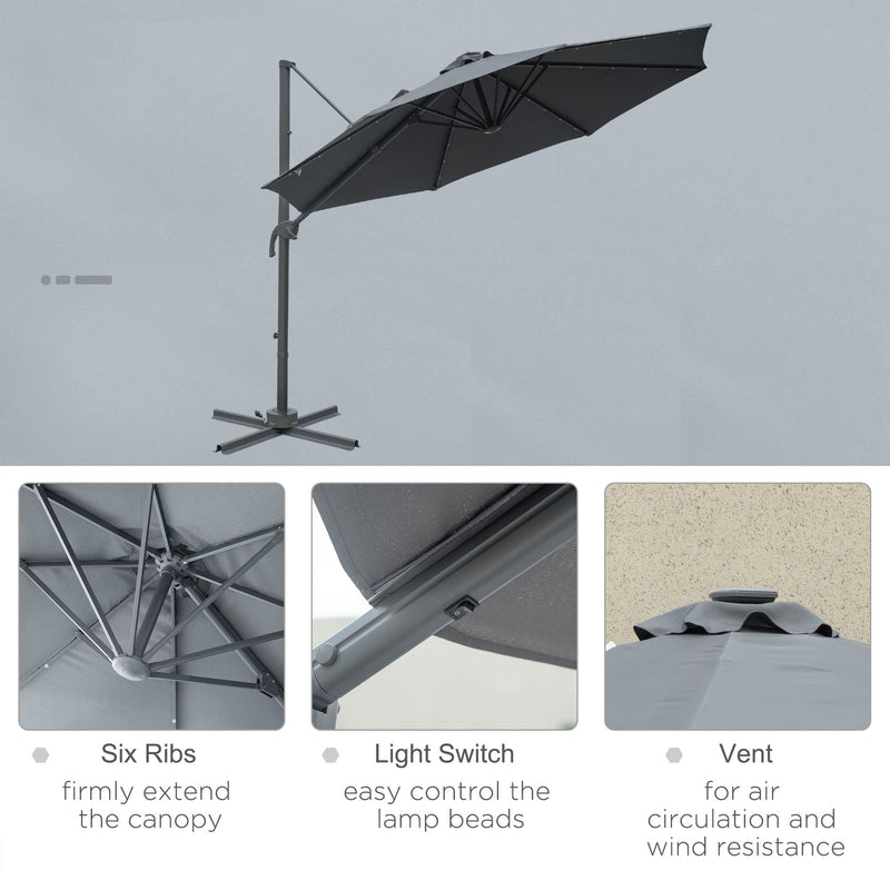 3(m) Square Outdoor Umbrella Patio Sun Umbrella with Crank & Tilt LED Solar Light Cross Base 360° Rotating Outdoor, Dark Grey