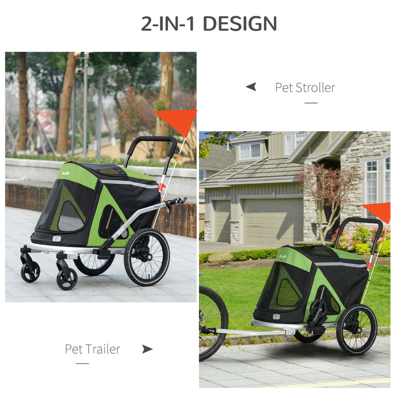 2 in 1 Aluminium Foldable Dog Bike Trailer, Pet Stroller, for Medium Dogs - Green