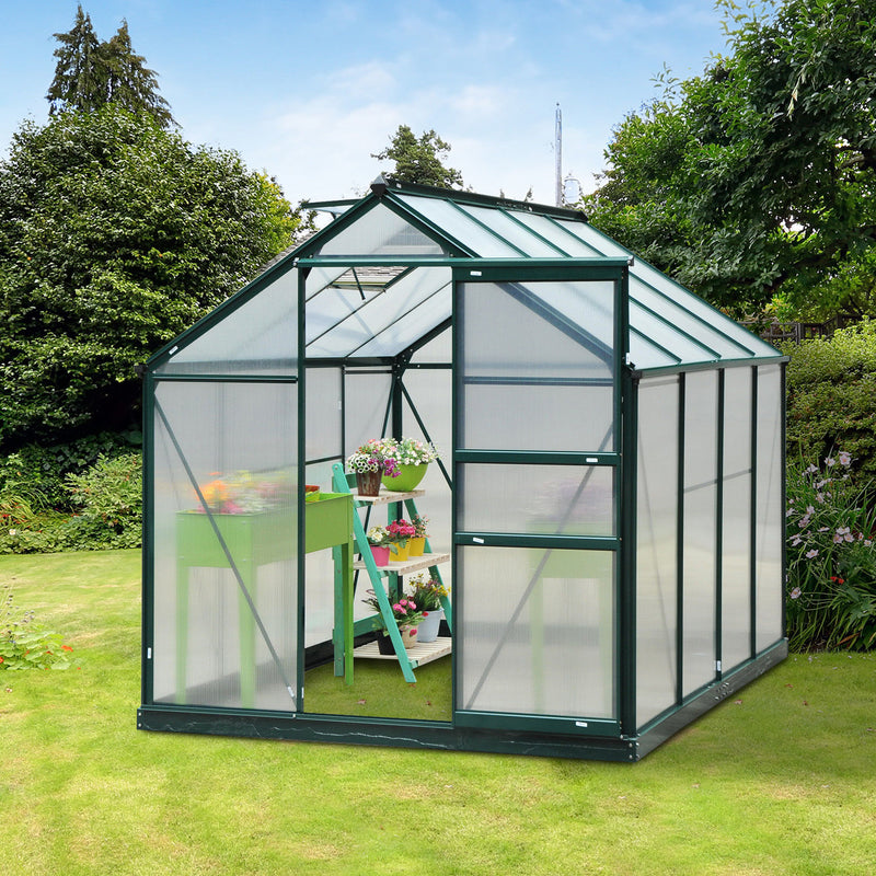 Large Walk-In Greenhouse Aluminium Frame Greenhouse Garden Plants Grow Galvanized Base w/ Slide Door, 6 x 8 ft