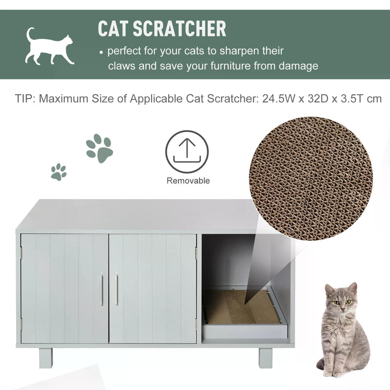 Wooden Cat Litter Box Enclosure & House with Nightstand/End Table Design, Scratcher, & Magnetic Doors, Grey