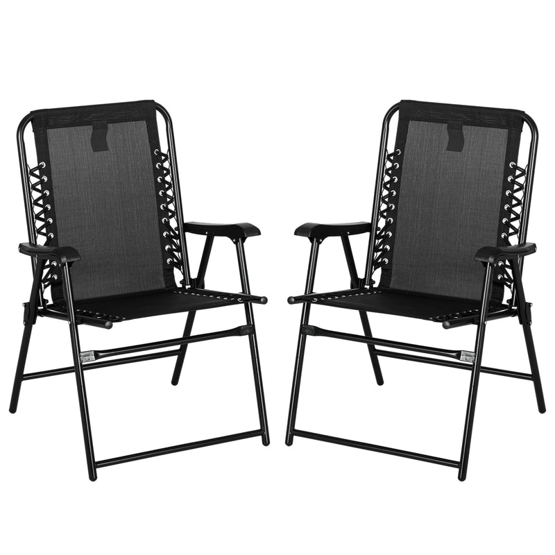2 Pcs Patio Folding Chair Set, Outdoor Portable Loungers for Camping Pool Beach Deck, Lawn w/ Armrest Steel Frame Black