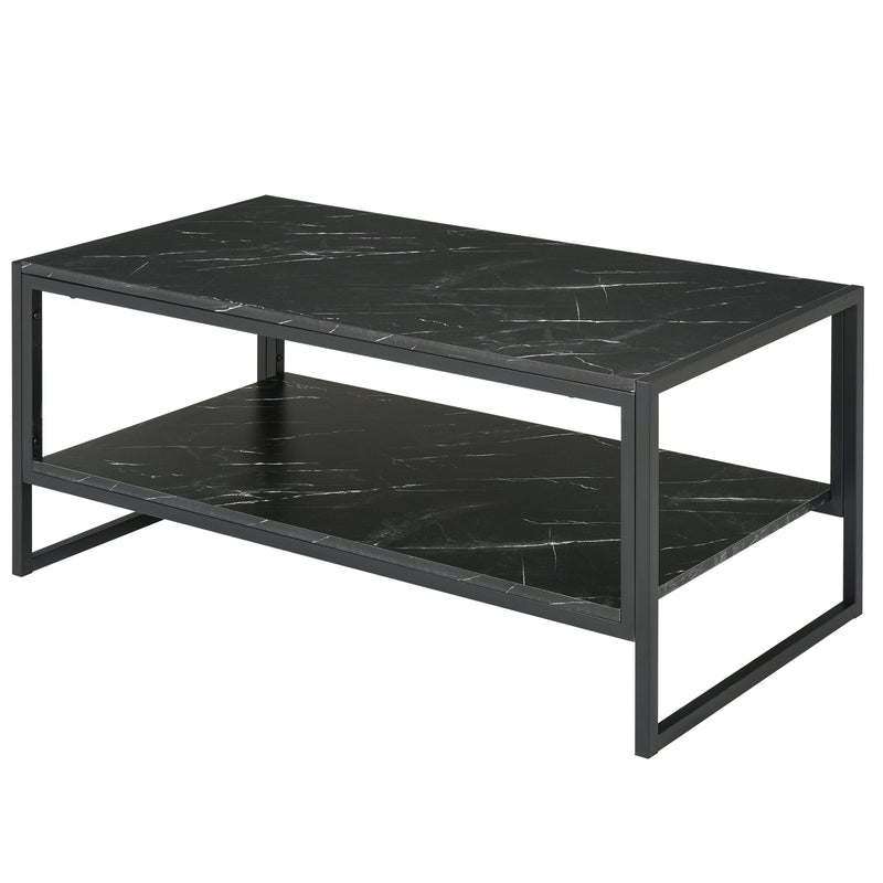 Two-Tier Laminate Marble Print Table Top Coffee Table w/ Metal Frame Foot Pads Elegant Modern Style 2 Shelves Home Display Storage Unit Black