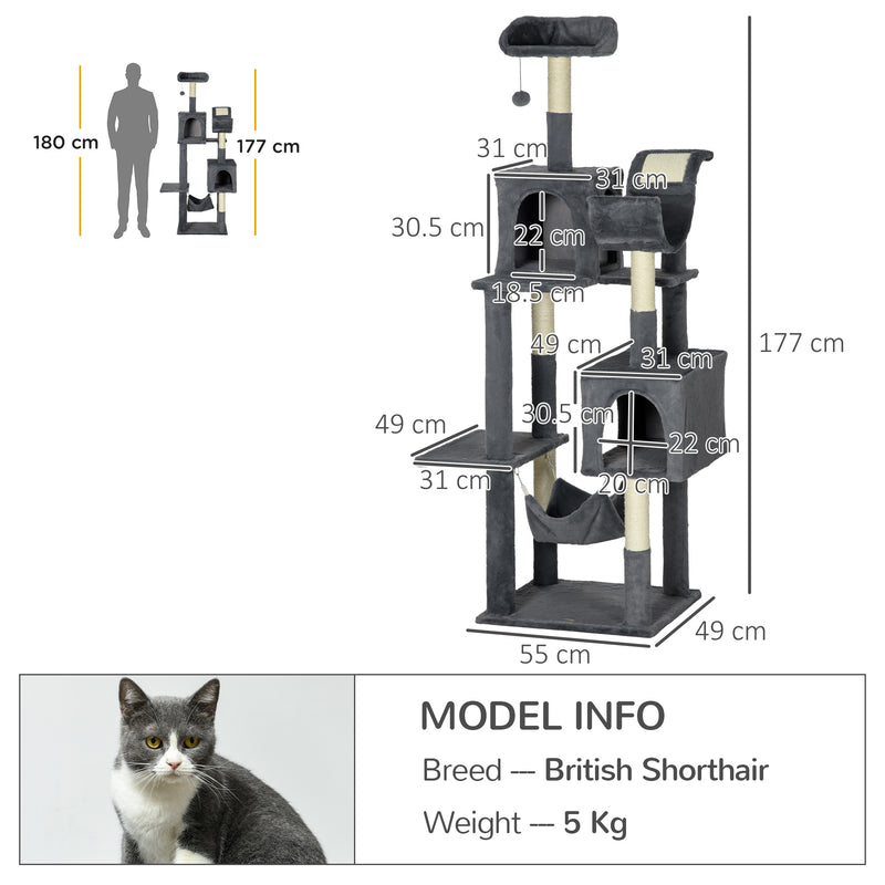 177cm Cat Tree for Indoor Cats, Multi-level Kitten Climbing Tower with Scratching Posts, Condos, Hammock, Perches, Toy Ball, Dark Grey
